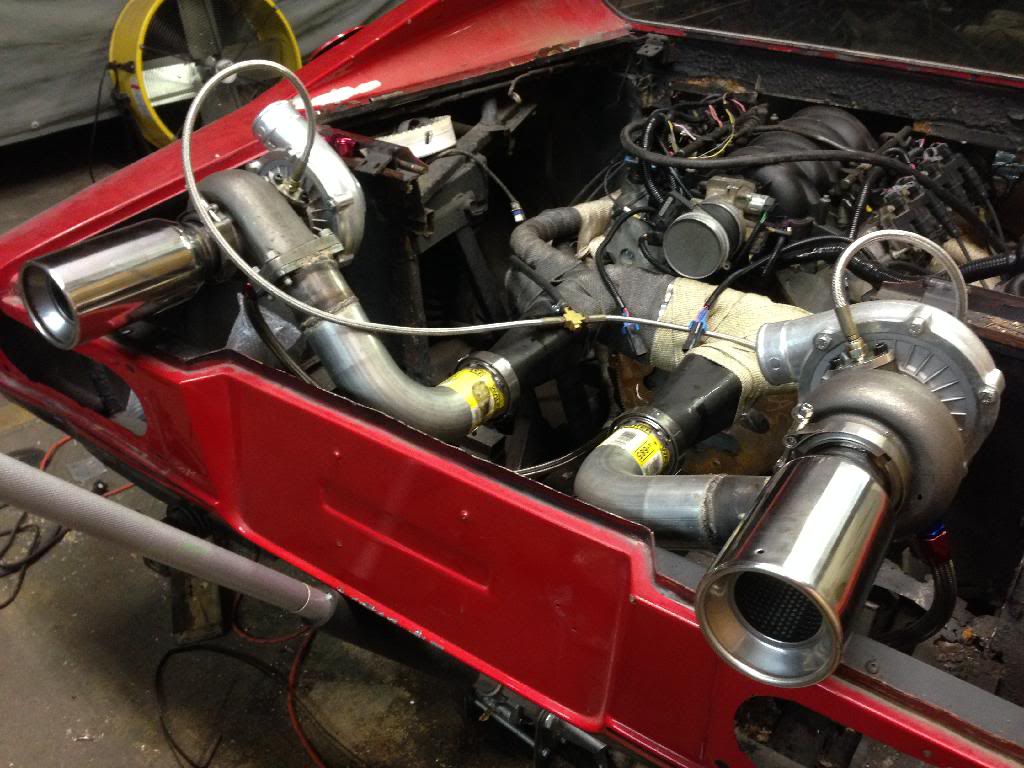 twin-turbo 4.8L iron-block Chevy V8 inside a 1976 Ferrari Dino
