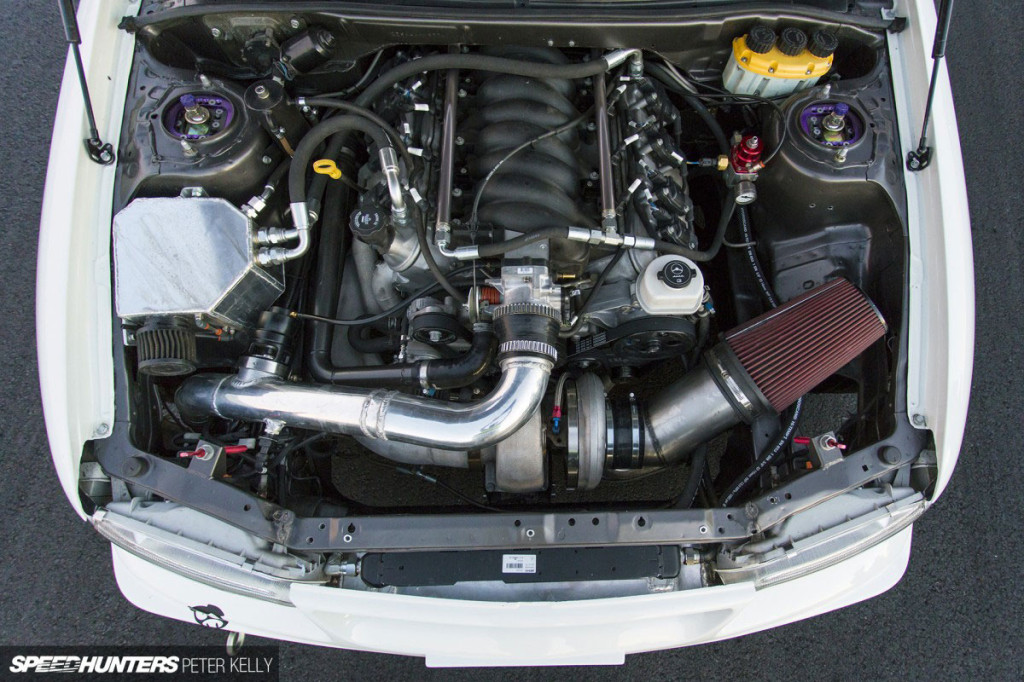 turbocharged LQ4 V8 inside 1993 Lancer Evo engine bay