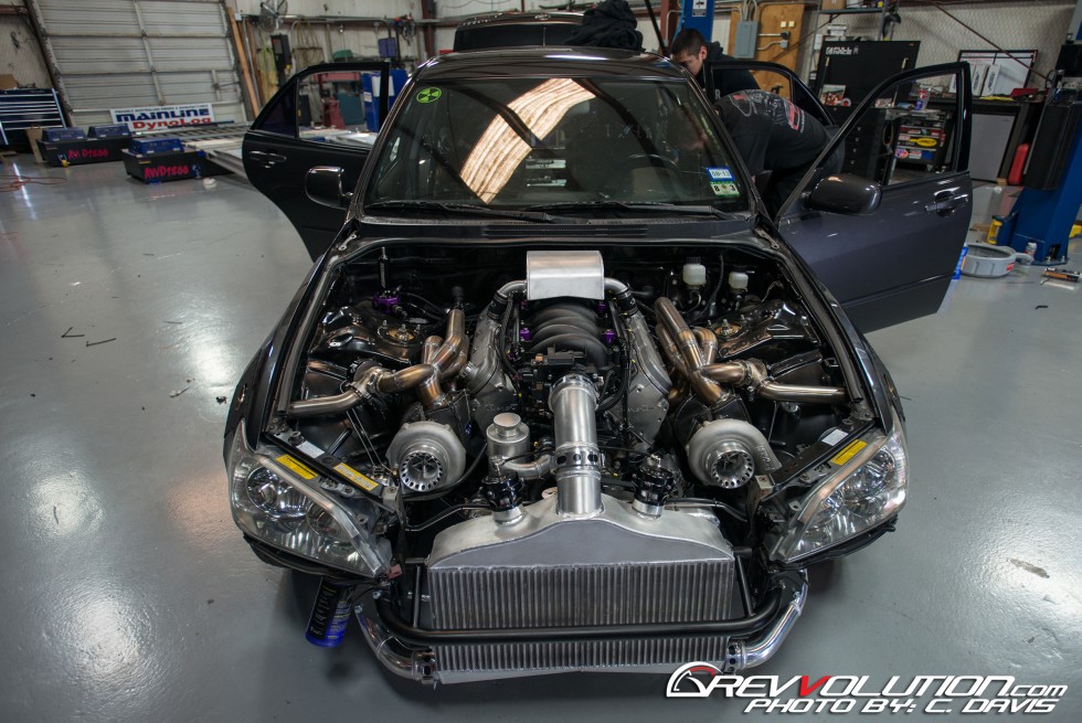 twin-turbo LC9 Gen4 V8 inside the engine bay of a Lexus IS300