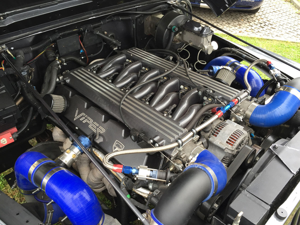 twin-turbo Viper V10 inside Jeep Wrangler engine compartment