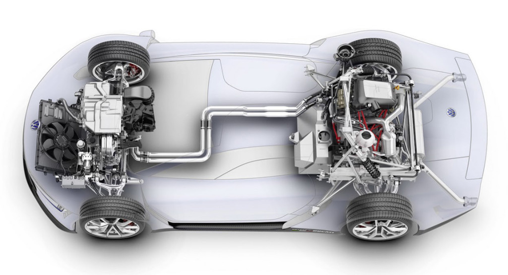 cutaway view of the the motorcycle and hybrid drivetrain in the VW XL Sport