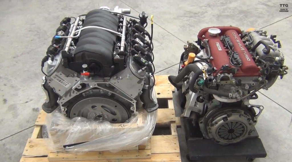 Miata I4 engine vs LS3 V8 size comparison