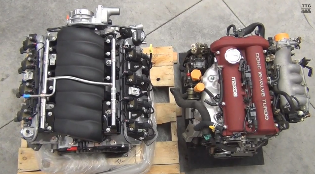 Miata I4 engine vs LS3 V8 size comparison