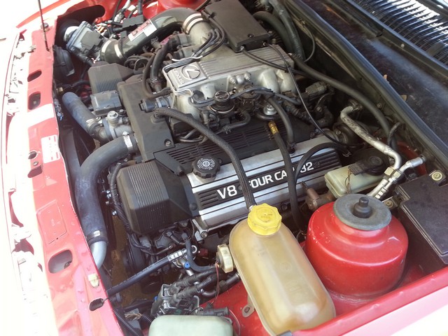 A Lexus 1UZ-FE V8 inside a 1985 Merkur XR4Ti engine bay