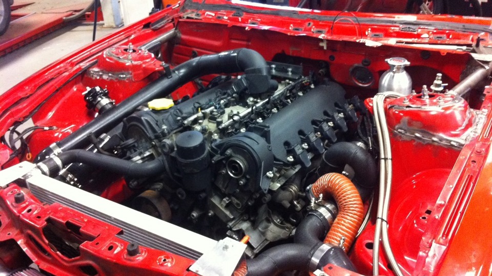 Mercedes M275 V12 from a Maybach inside a 2010 Ford Mustang engine bay