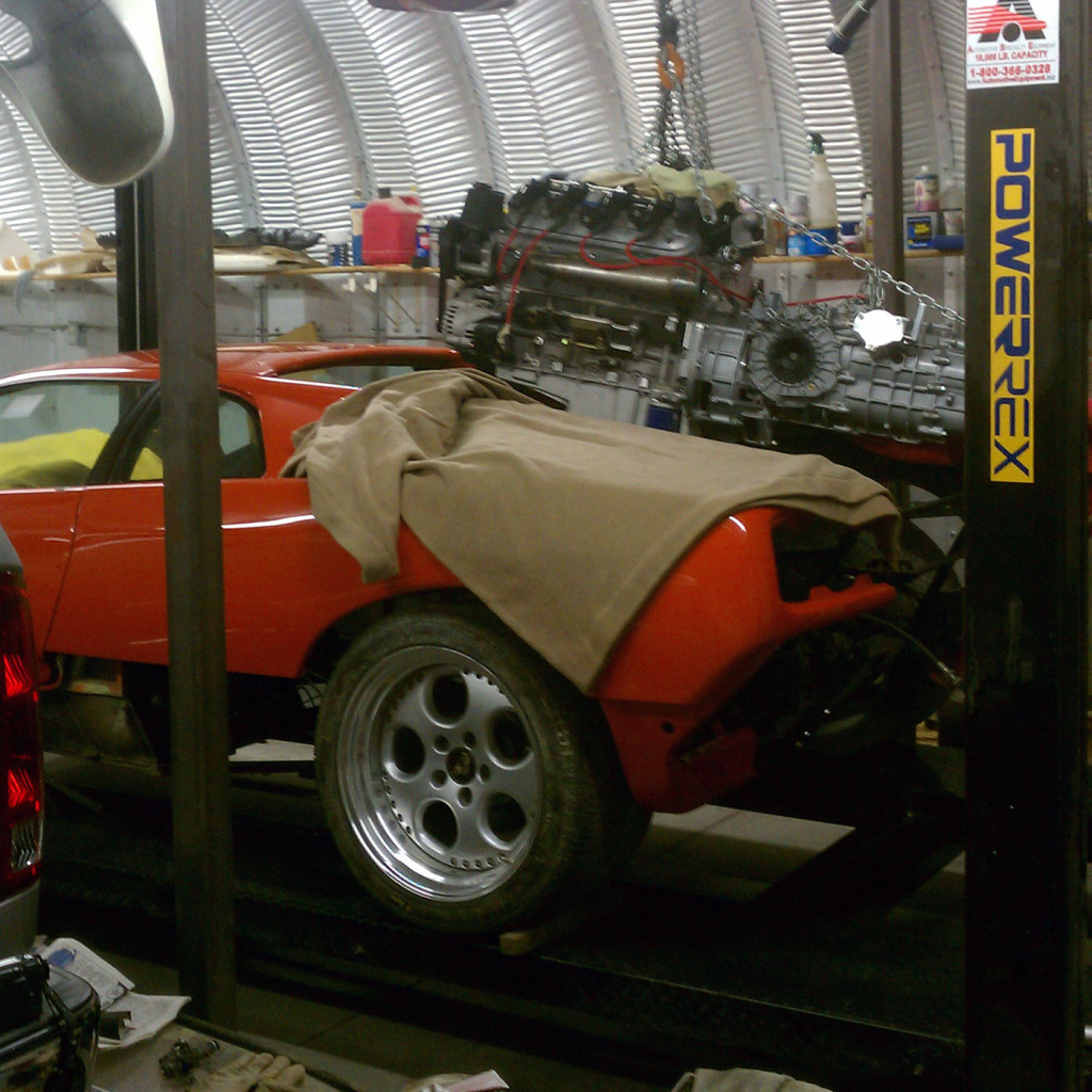 LS3 and Porsche G50 transaxle being installed into a Lamborghini Diablo