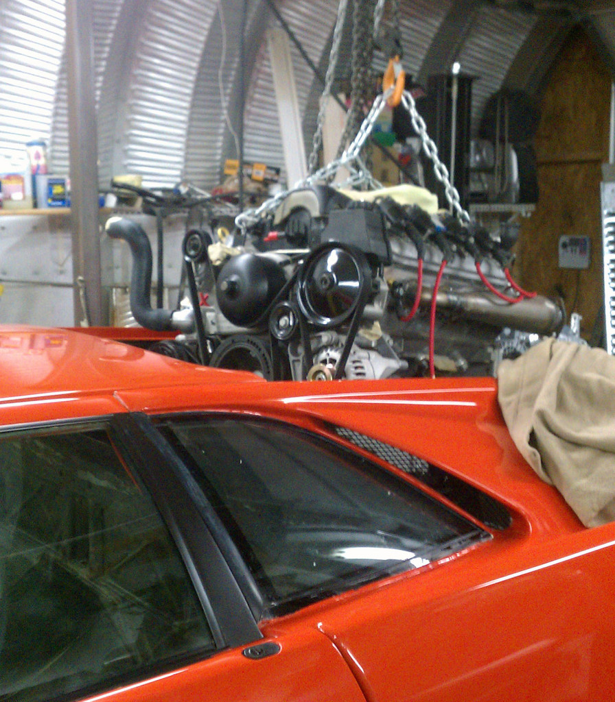 LS3 and Porsche G50 transaxle being installed into a Lamborghini Diablo