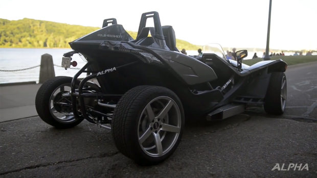 Four-wheeled Polaris Slingshot with a LS3 V8